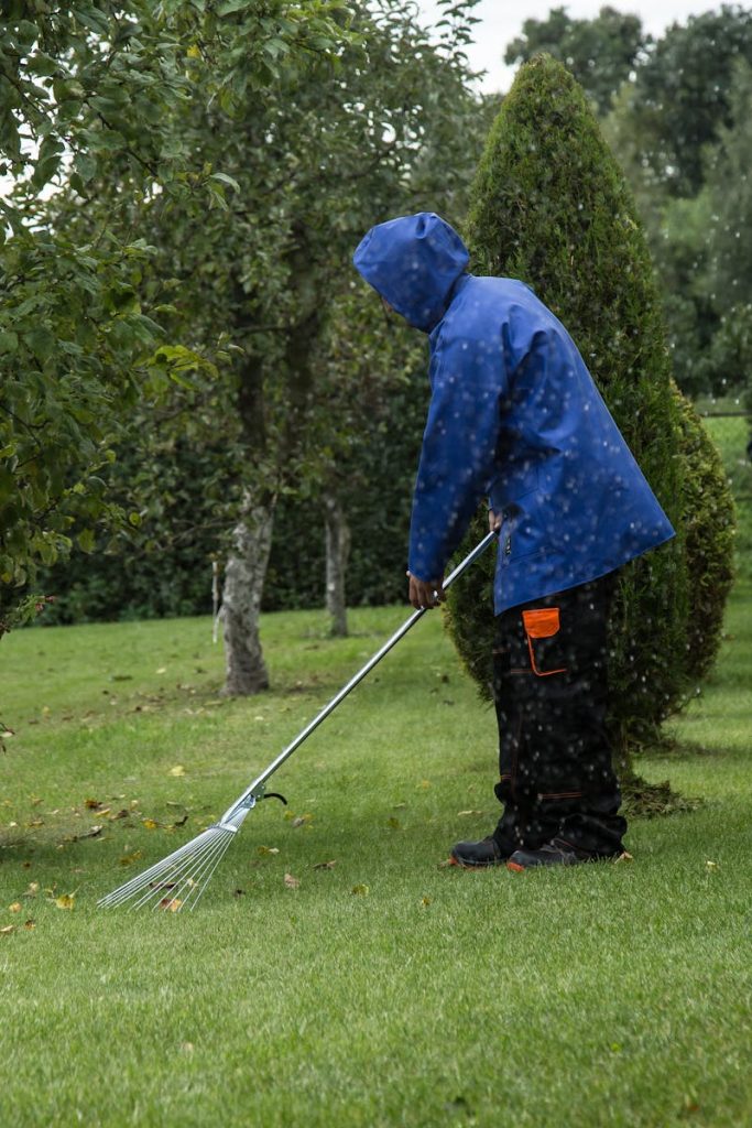 A gardener in a blue rain jacket rakes leaves in a lush green park during a light drizzle.